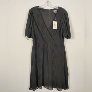 DKNY Black Pleated Wrap Midi Dress - Size 14 NEW